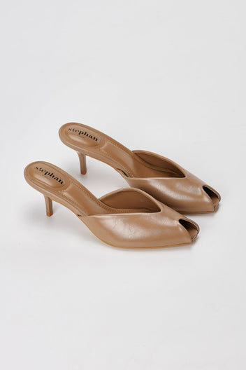 Stephan - Peep Toe Mules Kitten Heel - Taupe Matte
