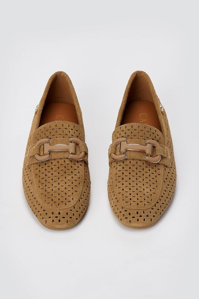 CARMELA - Perforated Suede Moccasins Metal Detail - Camel Suede