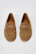 CARMELA - Perforated Suede Moccasins Metal Detail - Camel Suede