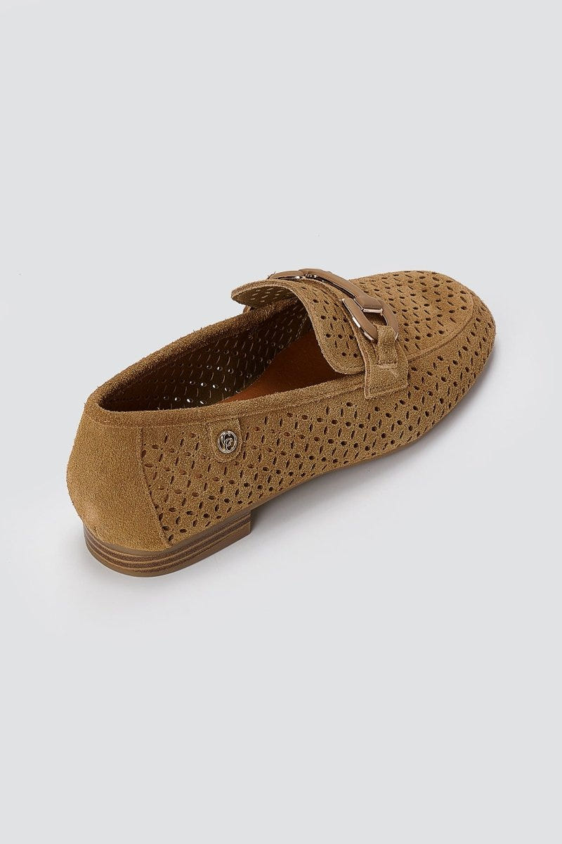 CARMELA - Perforated Suede Moccasins Metal Detail - Camel Suede