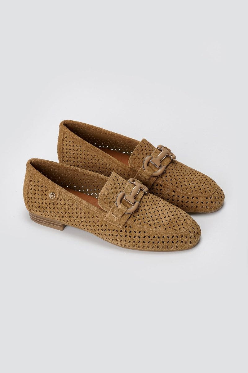 CARMELA - Perforated Suede Moccasins Metal Detail - Camel Suede