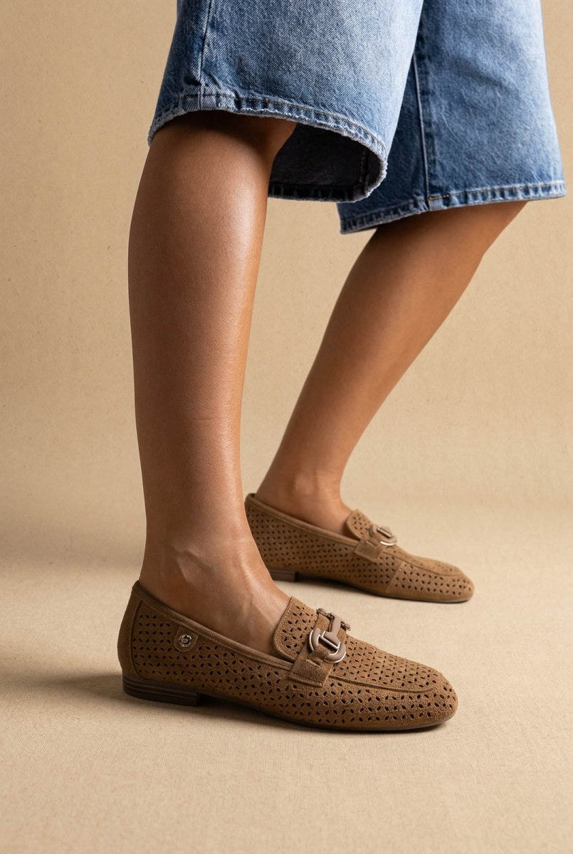 CARMELA - Perforated Suede Moccasins Metal Detail - Camel Suede