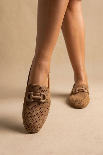 CARMELA - Perforated Suede Moccasins Metal Detail - Camel Suede
