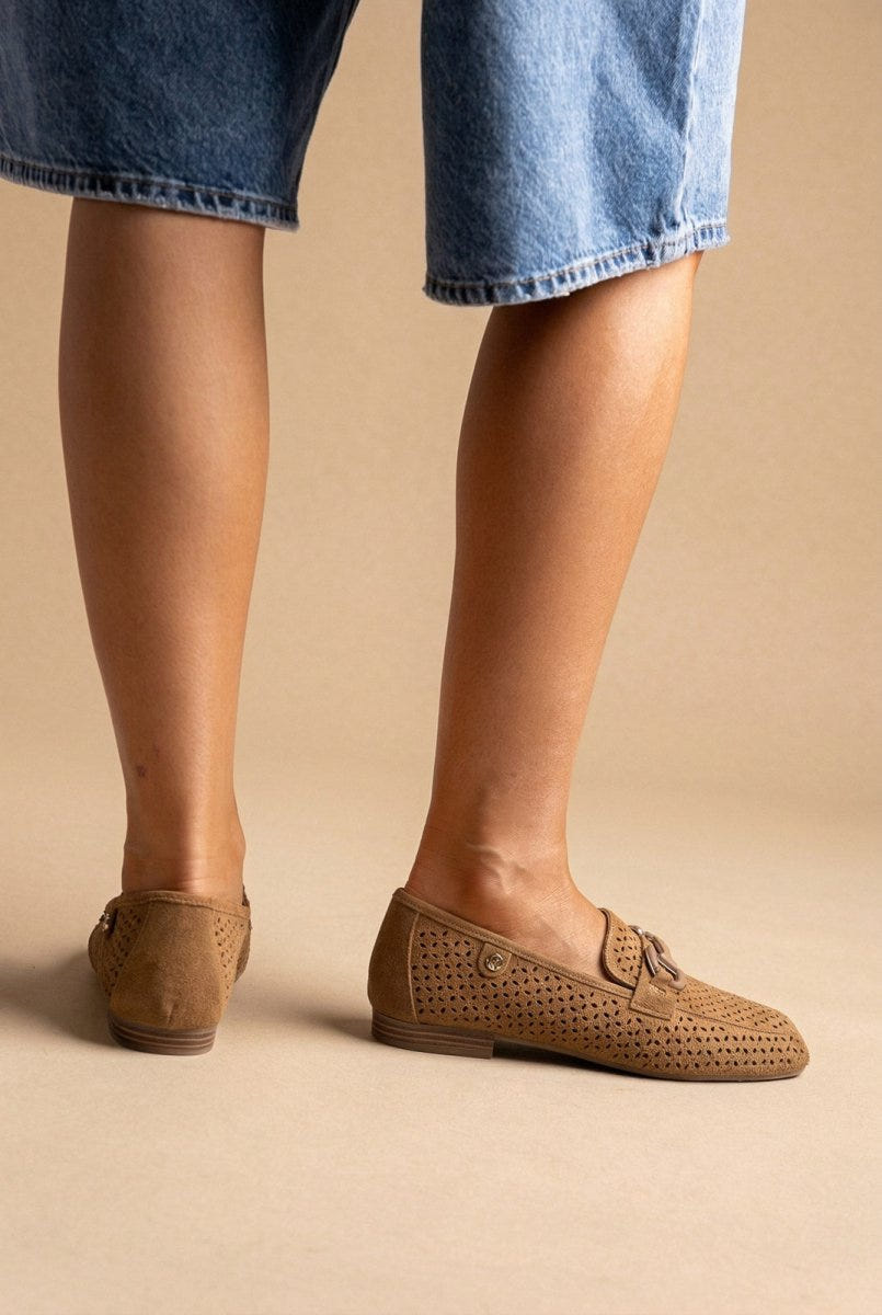 CARMELA - Perforated Suede Moccasins Metal Detail - Camel Suede