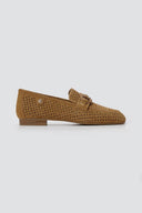 CARMELA - Perforated Suede Moccasins Metal Detail - Camel Suede