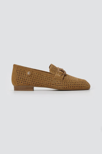 CARMELA - Perforated Suede Moccasins Metal Detail - Camel Suede