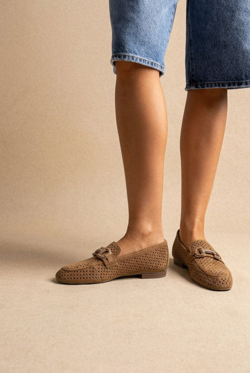 CARMELA - Perforated Suede Moccasins Metal Detail - Camel Suede