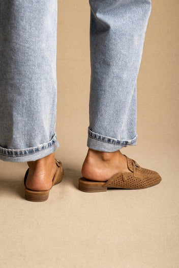 CARMELA - Perforated Suede Mules Metal Buckle - Camel Suede