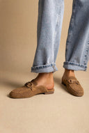 CARMELA - Perforated Suede Mules Metal Buckle - Camel Suede