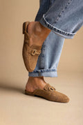 CARMELA - Perforated Suede Mules Metal Buckle - Camel Suede