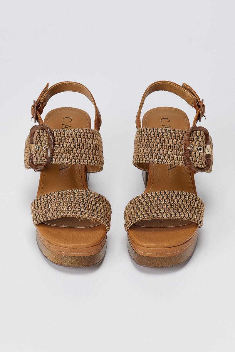 CARMELA - Platform Block Heel Sandals - Camel