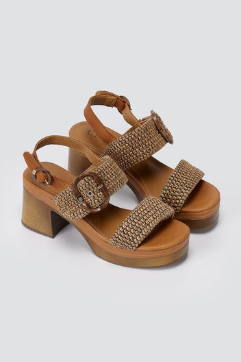 CARMELA - Platform Block Heel Sandals - Camel