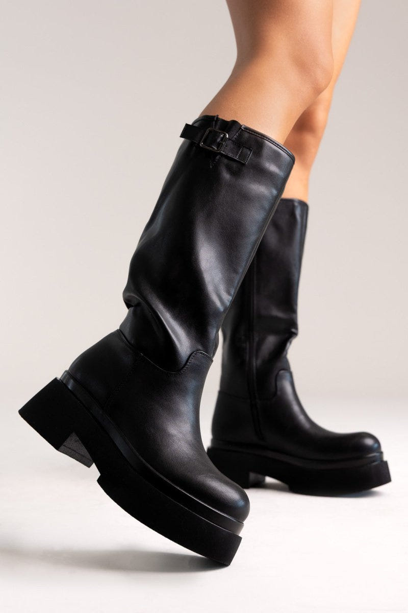 Platform Boots Block Heel - Black Matte - thefashionproject.gr - Stephan