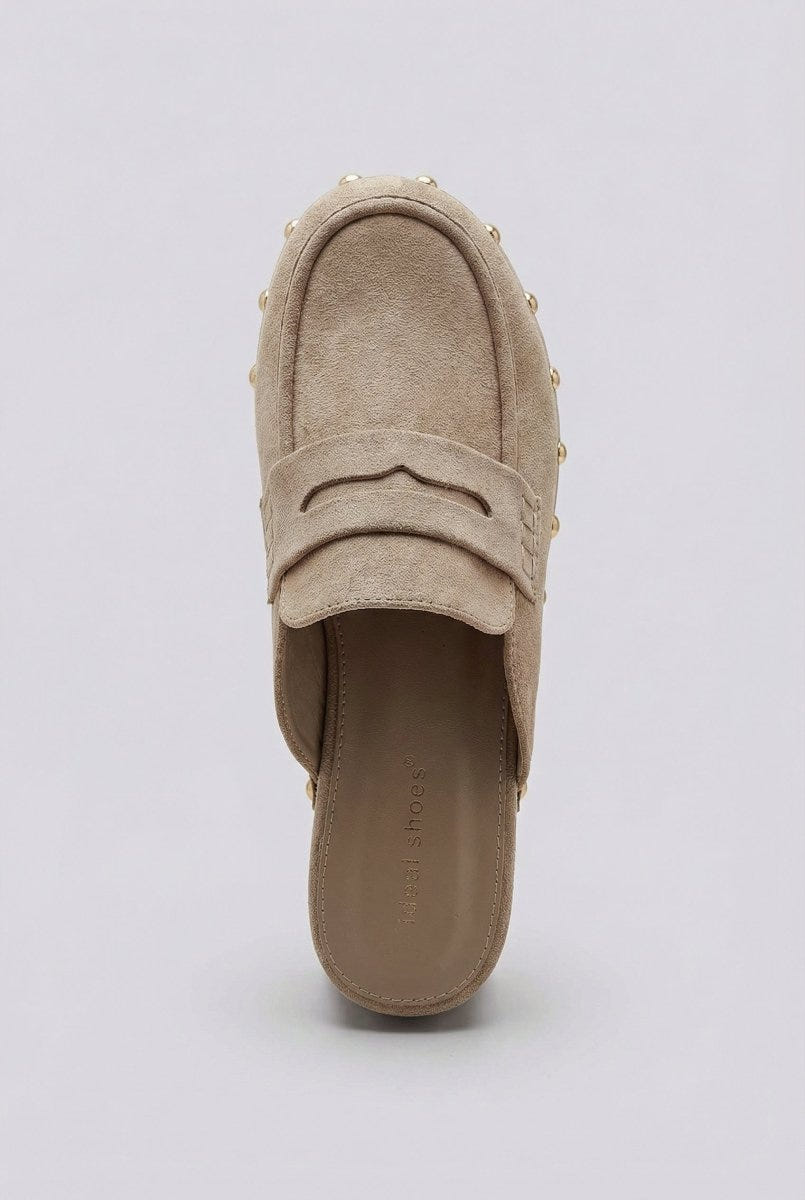 Ideal shoes - Platform Clogs Metallic Studs - Beige Suede