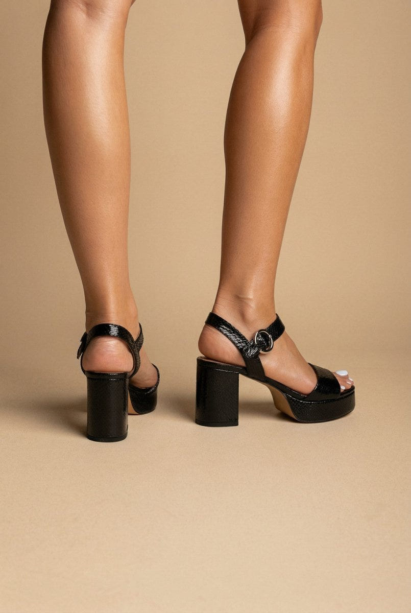 CORINA - Platform Heeled Sandals Snake Print - Black Matte