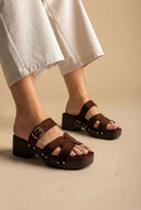 Ideal shoes - Platform Mules Block Heel - Brown Suede