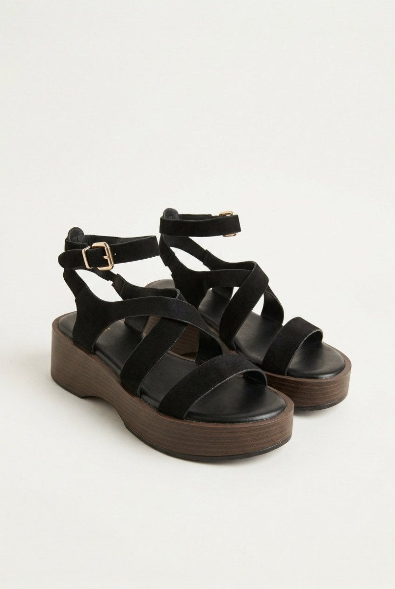 ERYNN - Platform Sandals Ankle Strap - Black Suede