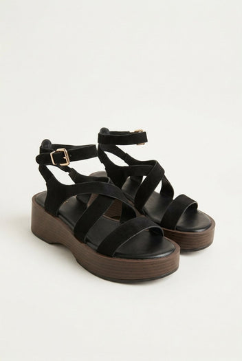 ERYNN - Platform Sandals Ankle Strap - Black Suede