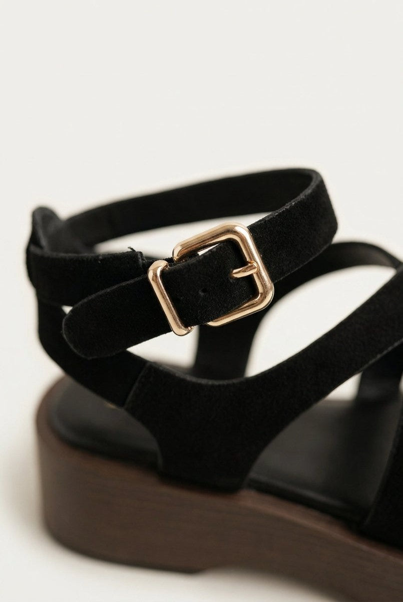 ERYNN - Platform Sandals Ankle Strap - Black Suede