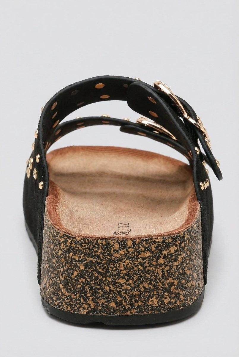 Ideal shoes - Platform Sandals Bold Buckles - Black Suede