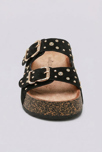 Ideal shoes - Platform Sandals Bold Buckles - Black Suede