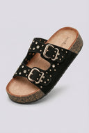 Ideal shoes - Platform Sandals Bold Buckles - Black Suede