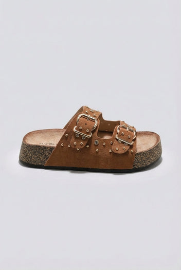 Ideal shoes - Platform Sandals Bold Buckles - Camel Suede