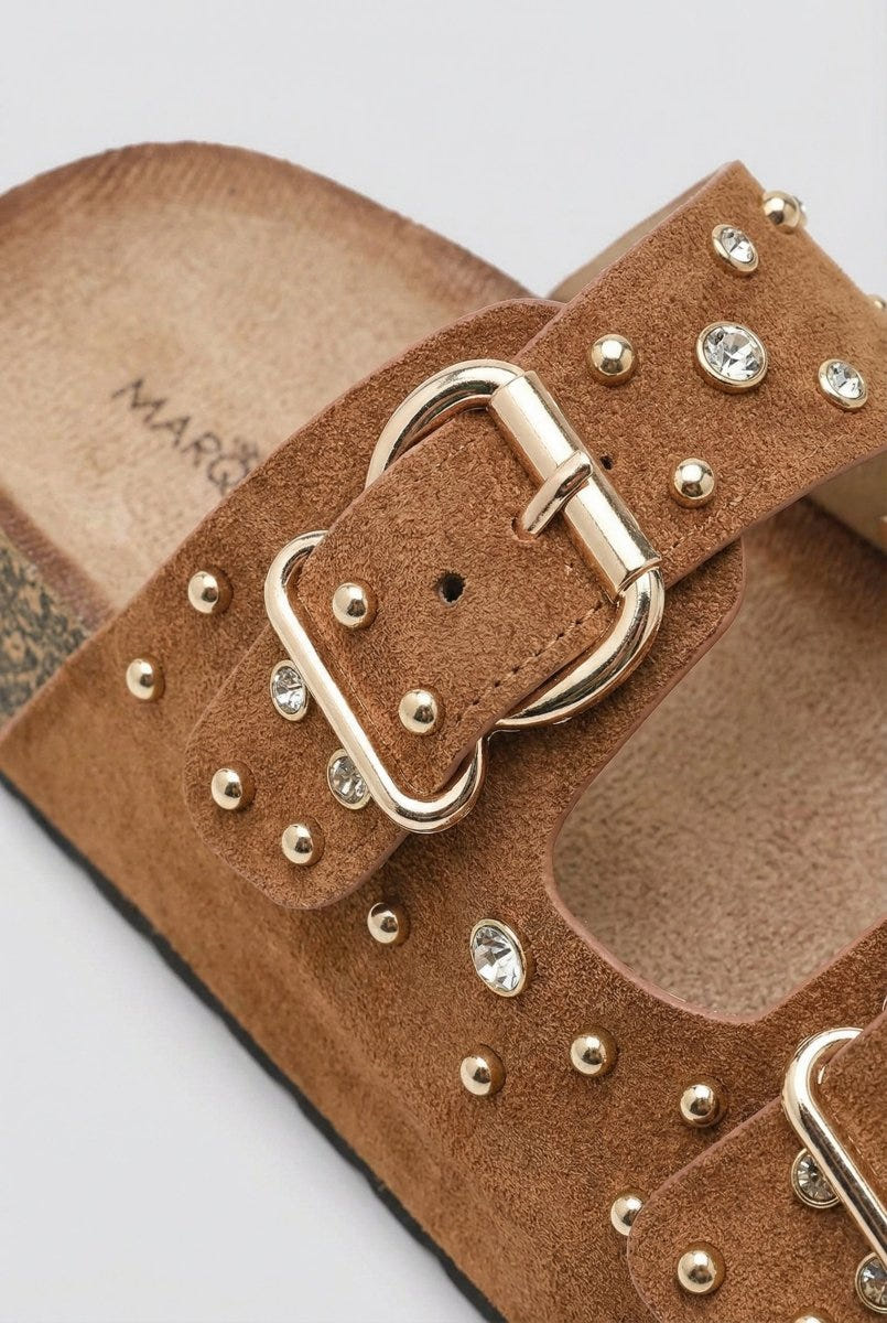 Ideal shoes - Platform Sandals Bold Buckles - Camel Suede