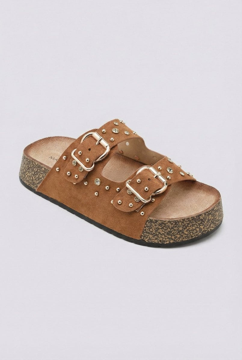 Ideal shoes - Platform Sandals Bold Buckles - Camel Suede
