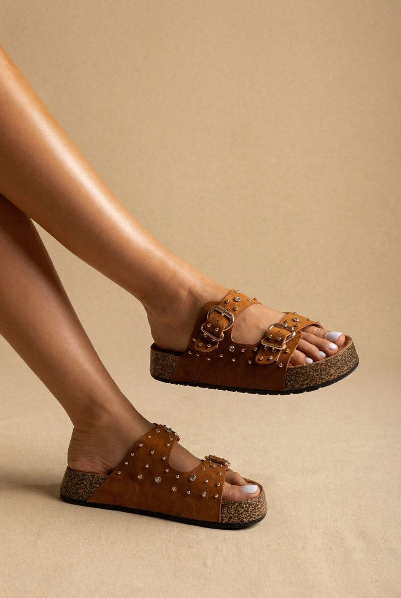 MARQUIIZ - Platform Sandals Bold Buckles - Camel Suede