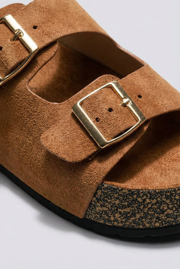 MARQUIIZ - Platform Sandals Bold Buckles - Tan Suede