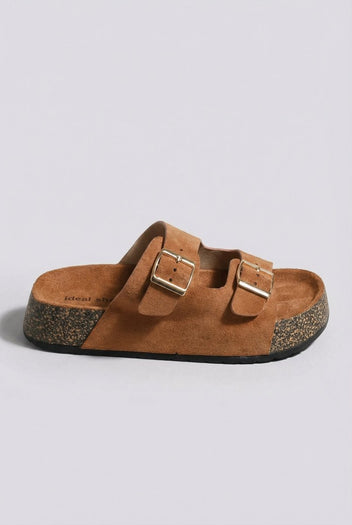 MARQUIIZ - Platform Sandals Bold Buckles - Tan Suede