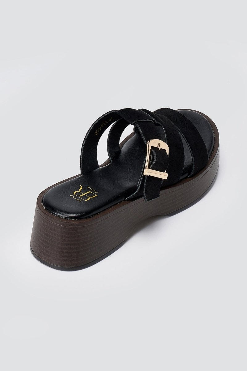 ERYNN - Platform Sandals Buckle Strap - Black Suede
