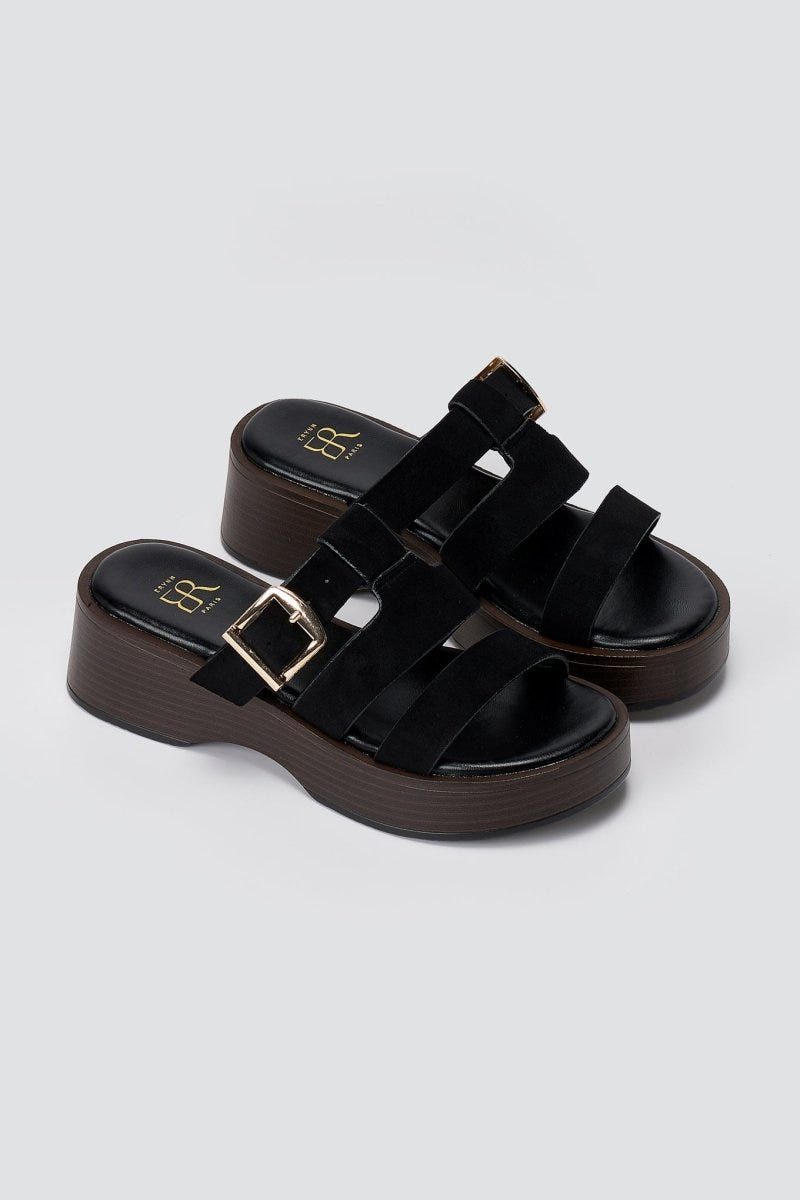 ERYNN - Platform Sandals Buckle Strap - Black Suede