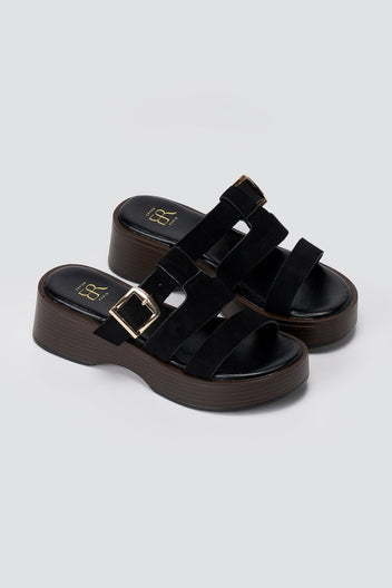 ERYNN - Platform Sandals Buckle Strap - Black Suede