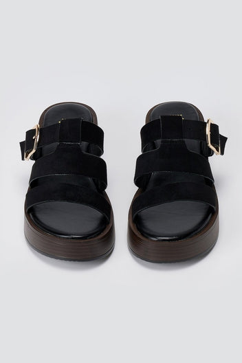 ERYNN - Platform Sandals Buckle Strap - Black Suede