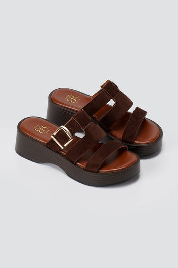 ERYNN - Platform Sandals Buckle Strap - Brown Suede