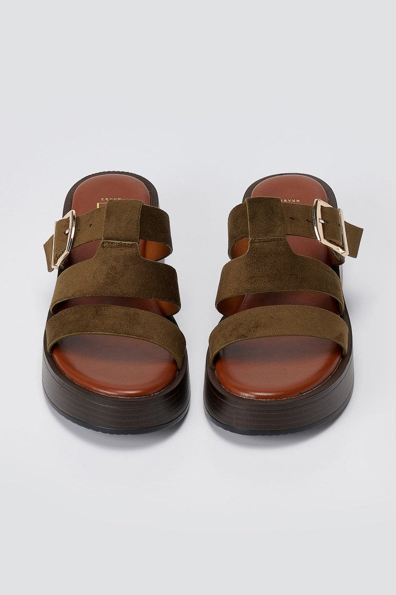 ERYNN - Platform Sandals Buckle Strap - Olive Suede
