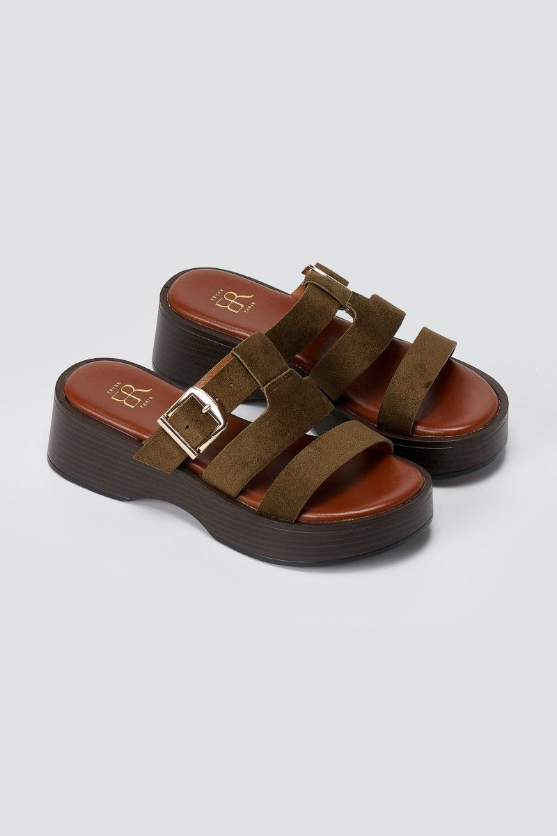 ERYNN - Platform Sandals Buckle Strap - Olive Suede