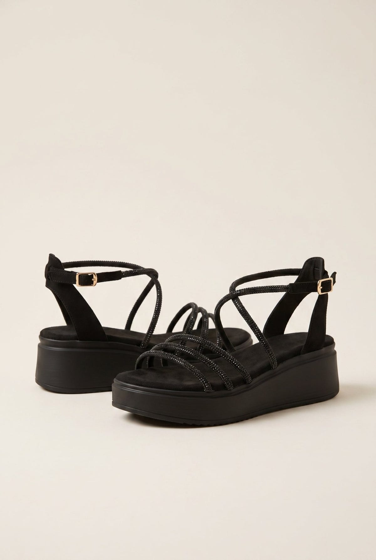 Estil - Platform Sandals Rhinestone Straps - Black Suede