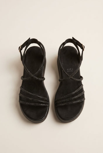 Estil - Platform Sandals Rhinestone Straps - Black Suede