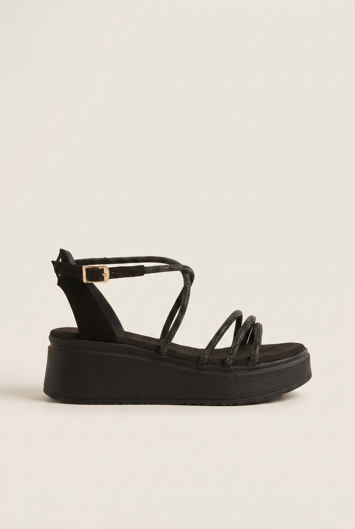 Estil - Platform Sandals Rhinestone Straps - Black Suede