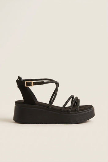 Estil - Platform Sandals Rhinestone Straps - Black Suede