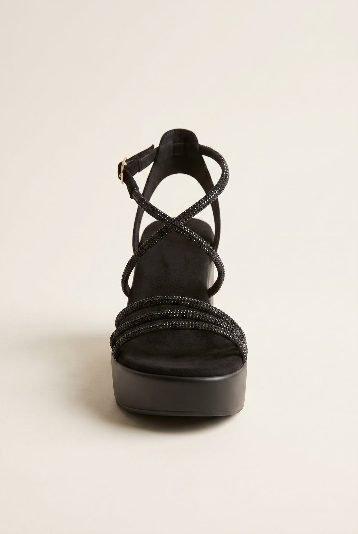 Estil - Platform Sandals Rhinestone Straps - Black Suede