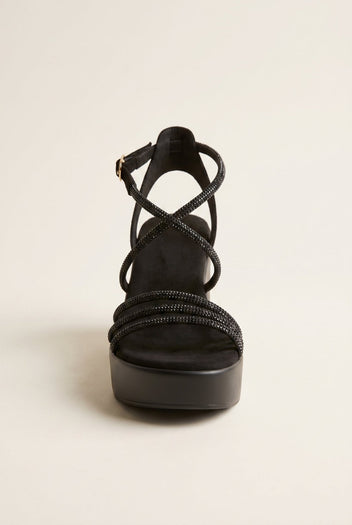 Estil - Platform Sandals Rhinestone Straps - Black Suede