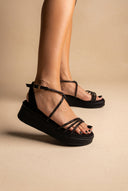 Estil - Platform Sandals Rhinestone Straps - Black Suede