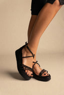 Estil - Platform Sandals Rhinestone Straps - Black Suede