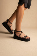 Estil - Platform Sandals Rhinestone Straps - Black Suede