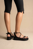 Estil - Platform Sandals Rhinestone Straps - Black Suede