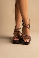 Estil - Platform Sandals Rhinestone Straps - Brown Suede